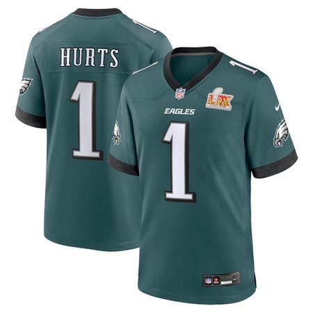 Men's Philadelphia Eagles #1 Jalen Hurts Midnight Green Super Bowl LIX Game Player Jersey